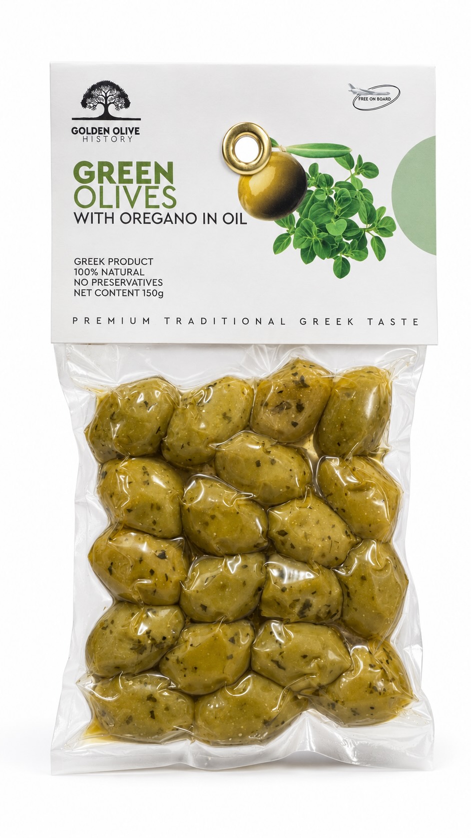 Golden Olive History zelené olivy s peckou a oreganem v olivovém oleji vakuum 150 g